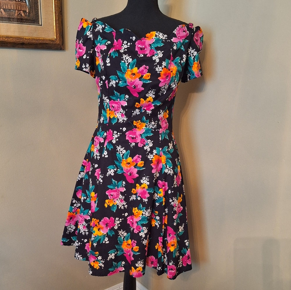 Vintage 80's neon Byer Too! dress floral a-line size Medium?
